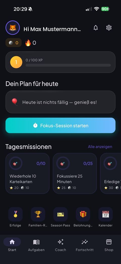 UpGrade Startseite mit Tagesplan und Lernfortschritt